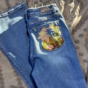 Miss Me Embroidered Mid Rise Flair